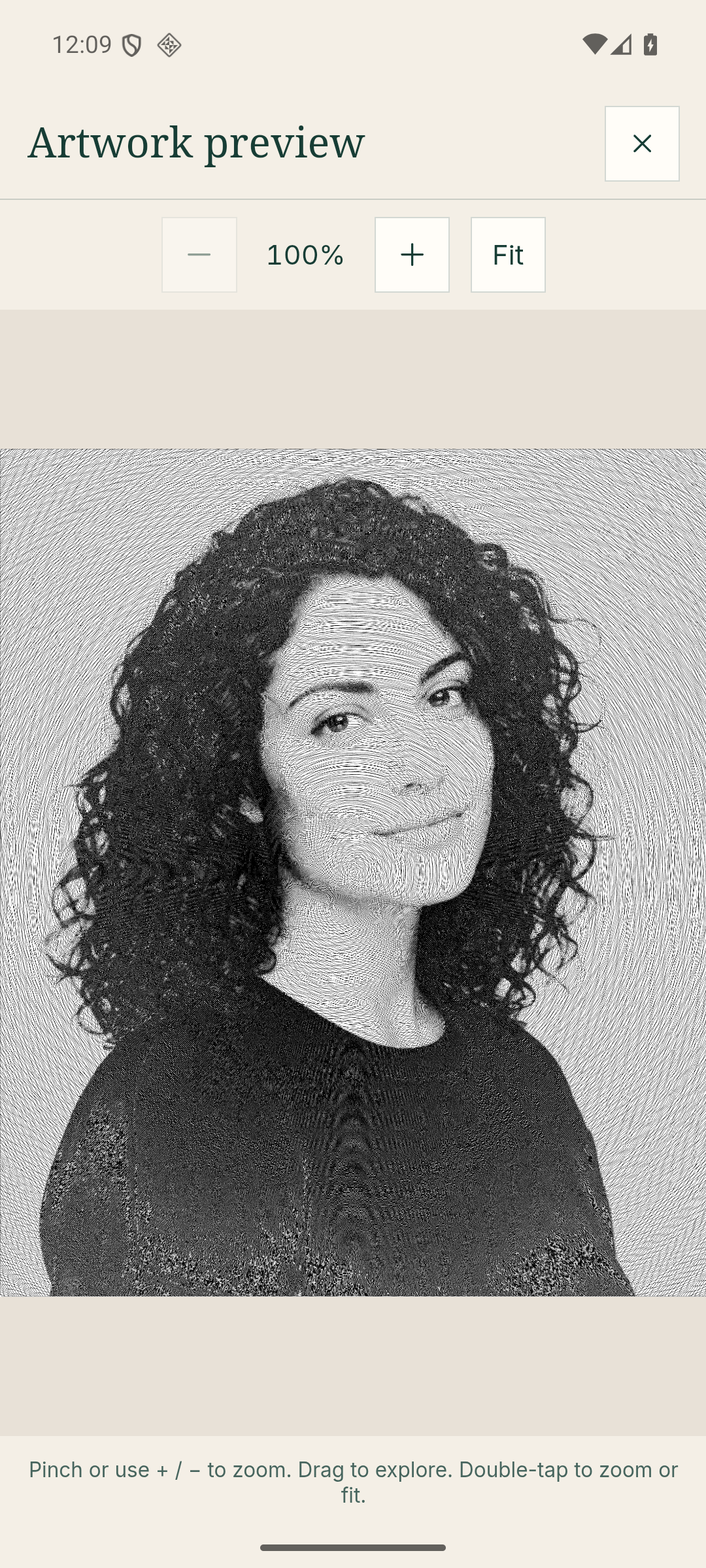 Algorithmic Ink Android app showing a black-on-white Spiral FM portrait